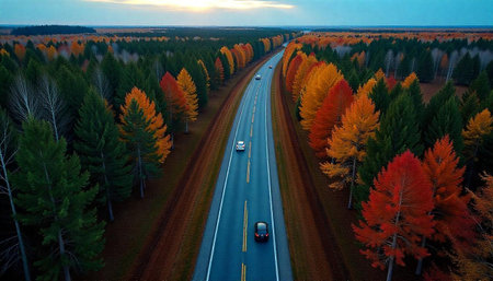 Aerial view of highway road with autumn colorful trees