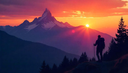 Lone hiker contemplating majestic mountain range during vibrant sunsetの写真素材