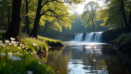 Picturesque waterfall scene with lush green trees and flowersの写真素材