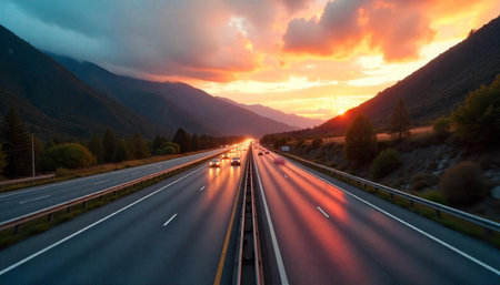 Highway at sunset with dramatic mountains and skyの写真素材