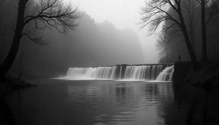 Monochrome waterfall in a misty forest with silhouette figure