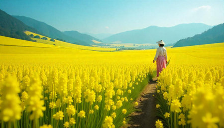 Woman in field of yellow flowers, scenic landscape viewの写真素材