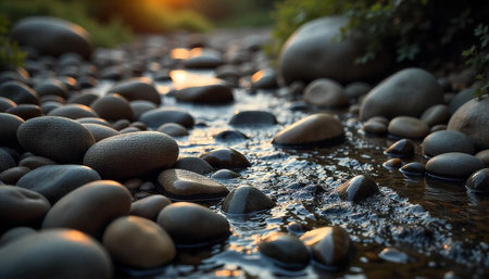 Smooth river rocks submerged in water at golden hourの写真素材