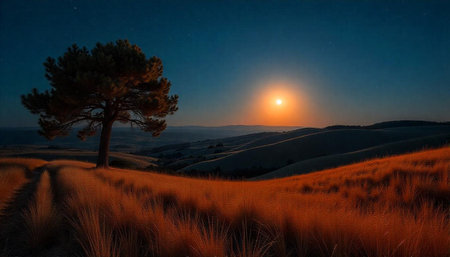 Lone tree in a golden field under starry nightの写真素材