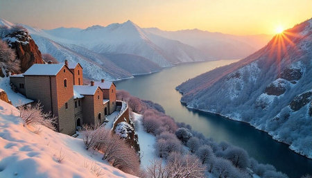 Scenic winter landscape with snow-covered mountain, lake, and building
