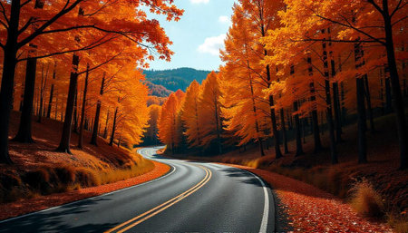 Winding road through vibrant autumn forest landscape with vivid colors
