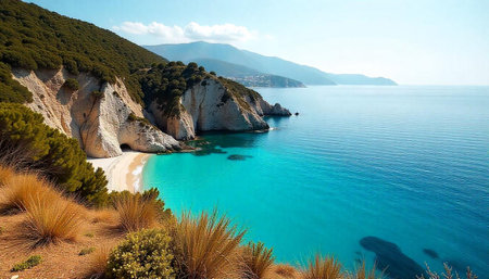 Turquoise Waters Meet White Cliffs on Zakynthos Island Greeceの写真素材