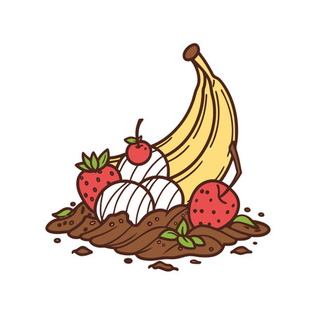 Cartoon style fruit pile with banana and berriesのイラスト素材