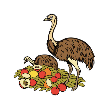 Stylized emus with fruit nest, vibrant vector illustrationのイラスト素材