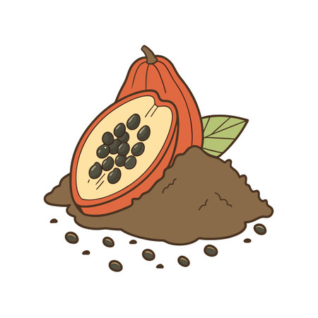 Cartoon cacao pods and beans on a pile of cocoaのイラスト素材