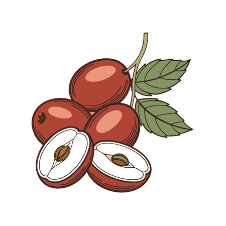 Illustration of Jujube Fruit and Green Leaves on Whiteのイラスト素材