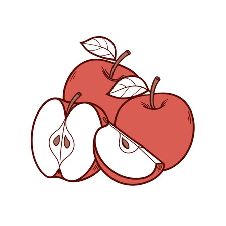 Red apples with leaves hand drawn cartoon illustrationのイラスト素材