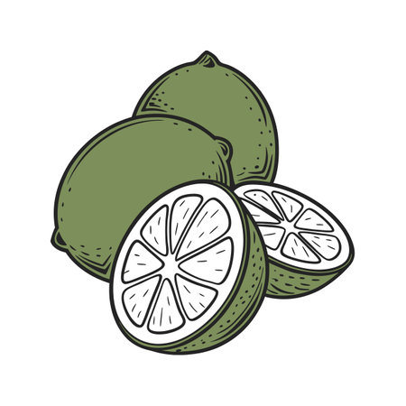 Stylized vector graphic of whole and halved ripe limesのイラスト素材