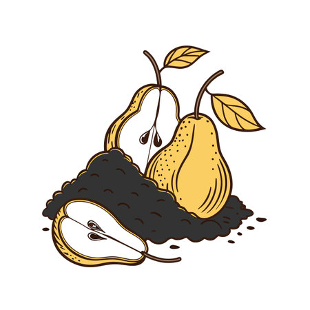 Stylized illustration of pears with leaves and soil moundのイラスト素材