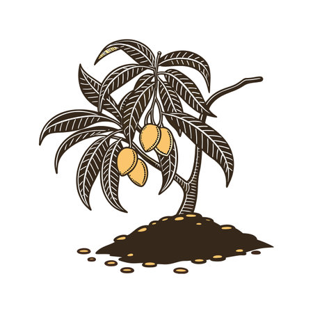 Stylized Mango Tree Illustration with Fruits and Groundのイラスト素材