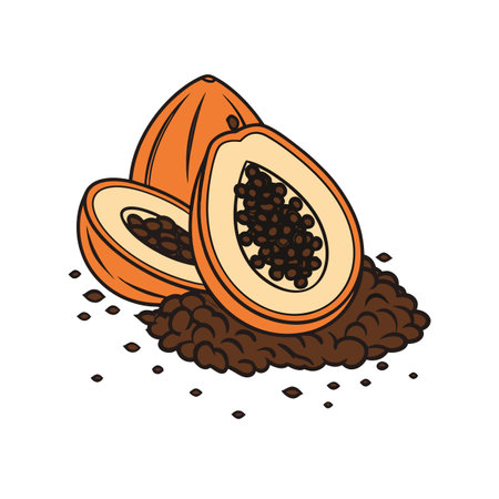 Sliced papaya illustration with seed pile, vibrant and freshのイラスト素材
