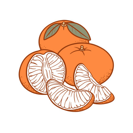 Vibrant tangerines and slices vector illustration on white backdropのイラスト素材