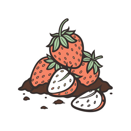 Illustration of ripe strawberries arranged on dark brown soilのイラスト素材