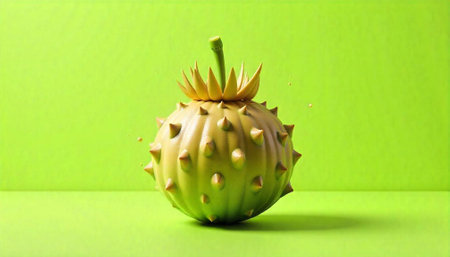 Surreal spiky fruit on solid green background, minimal setup
