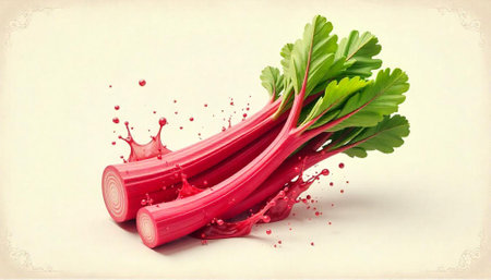 Rhubarb stalks with splashes and drops of juice.の写真素材