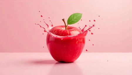 Red apple with splash on pink minimalistic backgroundの写真素材