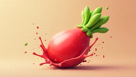 Cartoon radish with green leaves splashing vibrant red juiceの写真素材