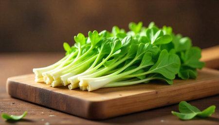 Fresh green Bok Choy on wooden cutting board surface