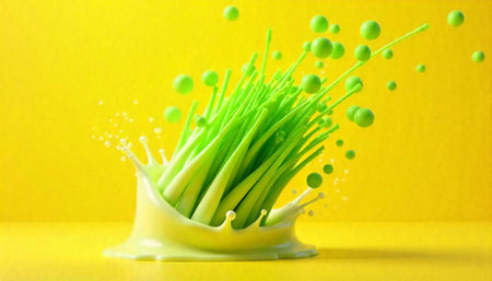 Bright green stalks emerging from a splash of liquidの写真素材