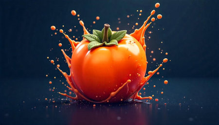 Tomato with splash of vibrant orange juice on dark backgroundの写真素材