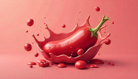 Red pepper in splash with berries on coral backgroundの写真素材