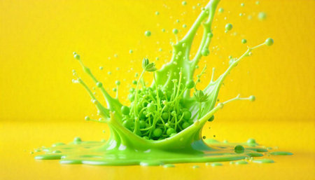 Green liquid splash with plant life on yellow backdrop
