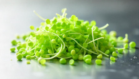 Vibrant green sprouts piled high on a reflective surface