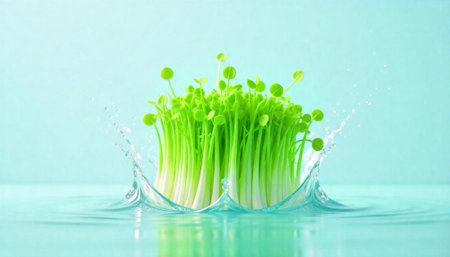 Fresh sprouts emerging from water create a vibrant display