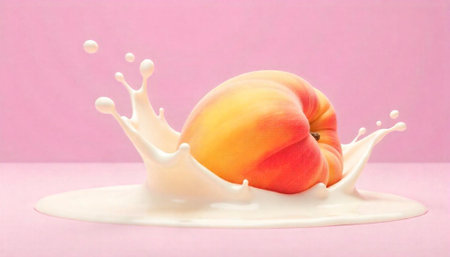 Peach splashing in creamy liquid on a pink backgroundの写真素材