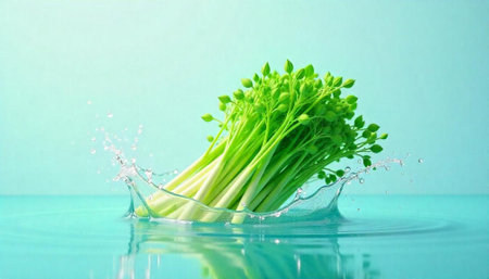 Fresh garlic sprouts splash in turquoise water surface