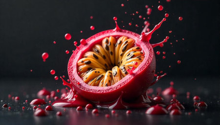 Passion fruit half section with splash on dark surface