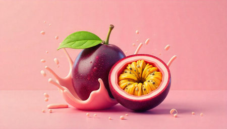 Half of passion fruit with juice splash on pink background, healthy food concept.