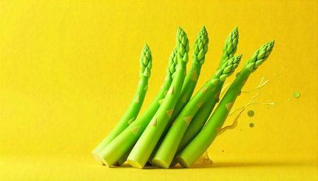 Fresh green asparagus spears against bright yellow background studioの写真素材