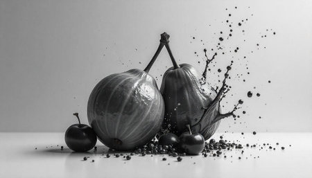 Monochromatic Still Life of Gourds, Apples, and Liquid Splatterの写真素材
