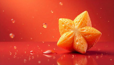 Vibrant star fruit slice on a reflective surfaceの写真素材