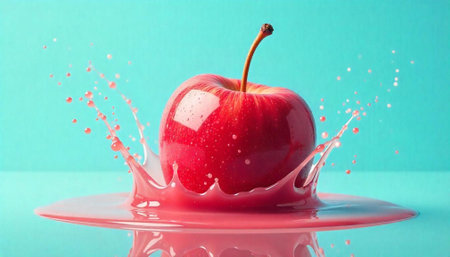 Red apple splashing into pink liquid against teal backdropの写真素材