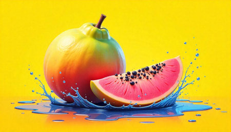 Fresh guava fruit whole and cut with splashing waterの写真素材