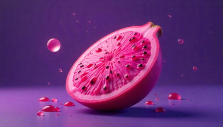 Vibrant cross section of dragon fruit with floating droplets