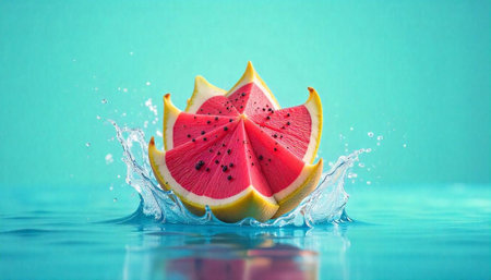 Watermelon and water splash on blue background. Fresh fruit concept.の写真素材