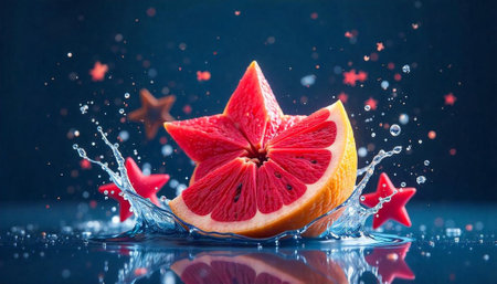 Star shaped grapefruit half surrounded by water splashes aroundの写真素材