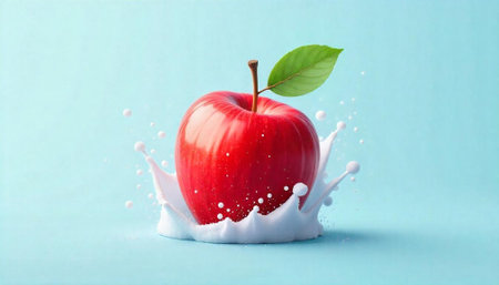 Red apple in milk splash on blue background. 3d illustration.の写真素材