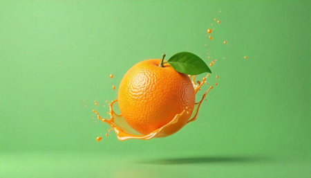 Splash of orange juice on a green background. 3d renderingの写真素材
