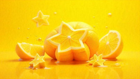 lemon and star on a yellow background with water droplets.の写真素材