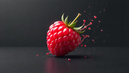Falling raspberry on a black background. Fresh raspberry with drops of juice.