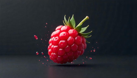 Close up raspberry with dark background and water dropletsの写真素材